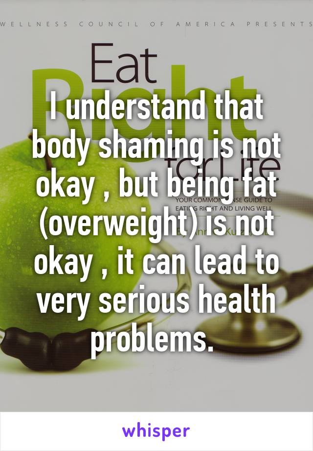 I understand that body shaming is not okay , but being fat (overweight) is not okay , it can lead to very serious health problems. 