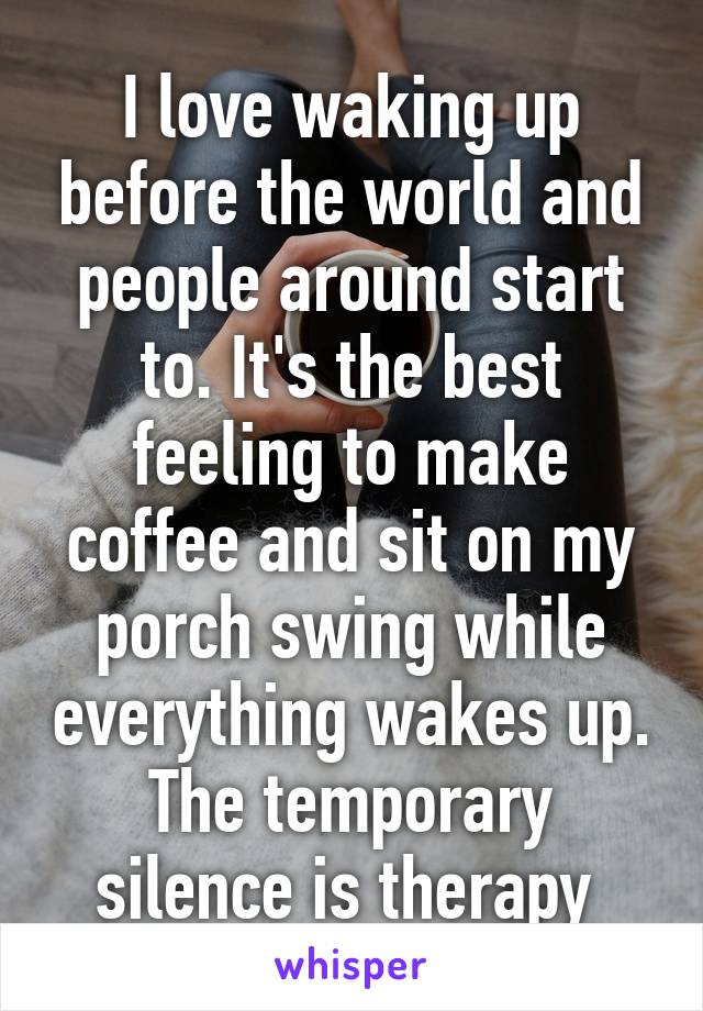 I love waking up before the world and people around start to. It's the best feeling to make coffee and sit on my porch swing while everything wakes up. The temporary silence is therapy 