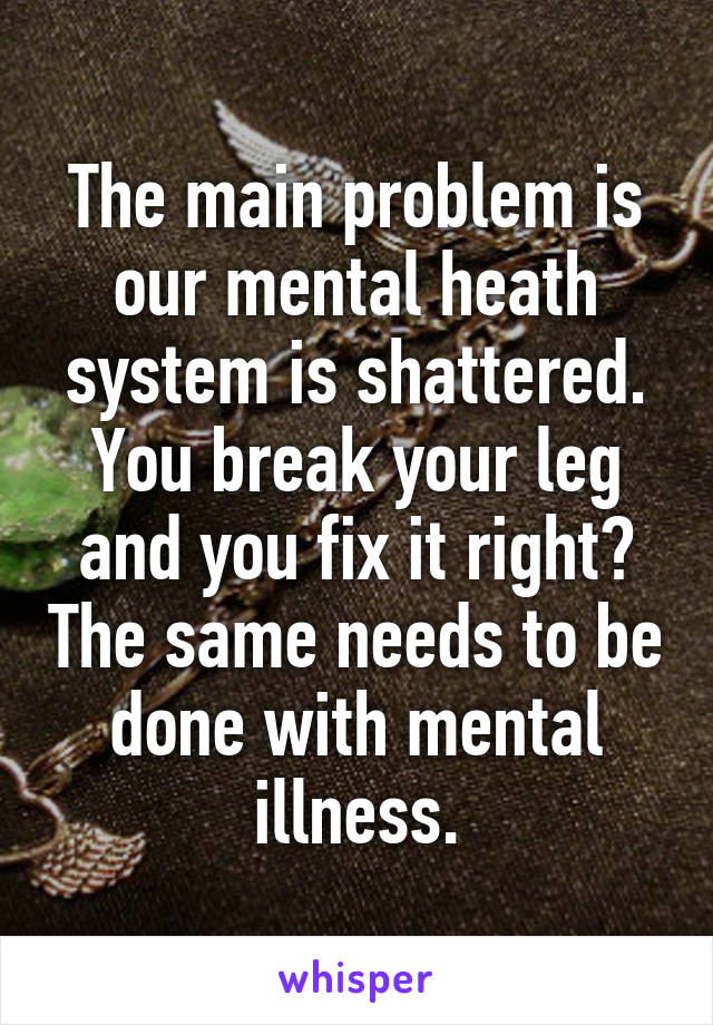 The main problem is our mental heath system is shattered. You break your leg and you fix it right? The same needs to be done with mental illness.