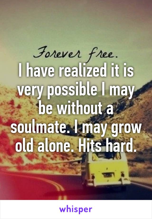 I have realized it is very possible I may be without a soulmate. I may grow old alone. Hits hard.