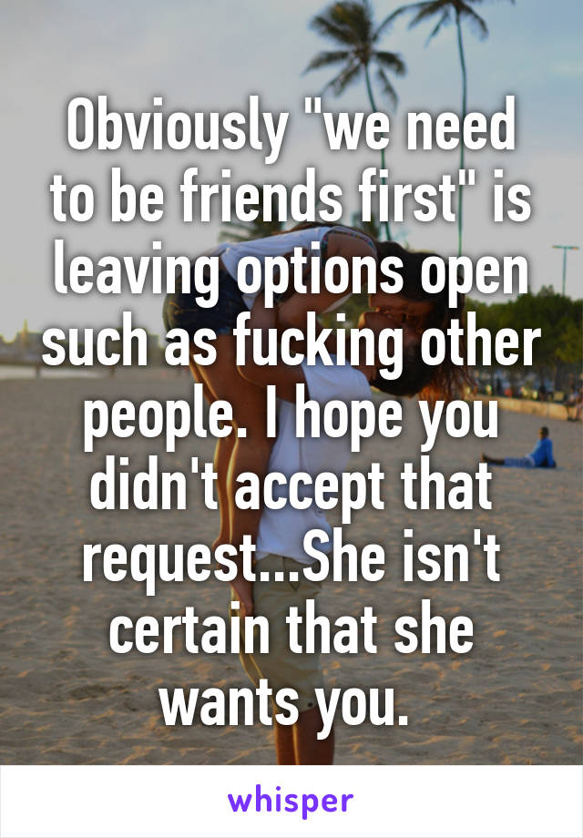 Obviously "we need to be friends first" is leaving options open such as fucking other people. I hope you didn't accept that request...She isn't certain that she wants you. 