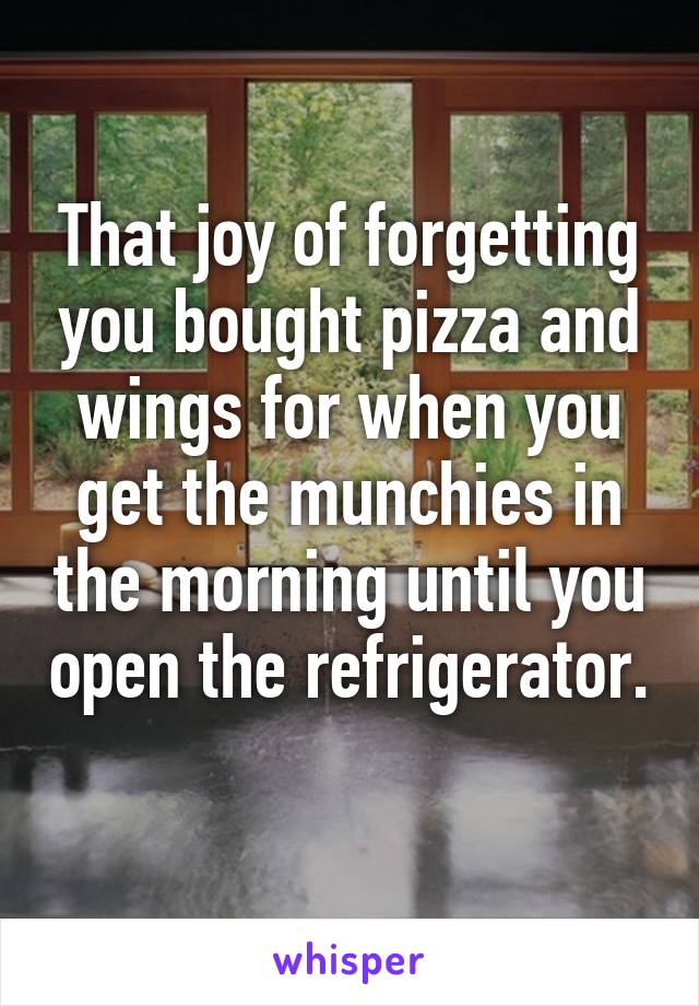 That joy of forgetting you bought pizza and wings for when you get the munchies in the morning until you open the refrigerator. 