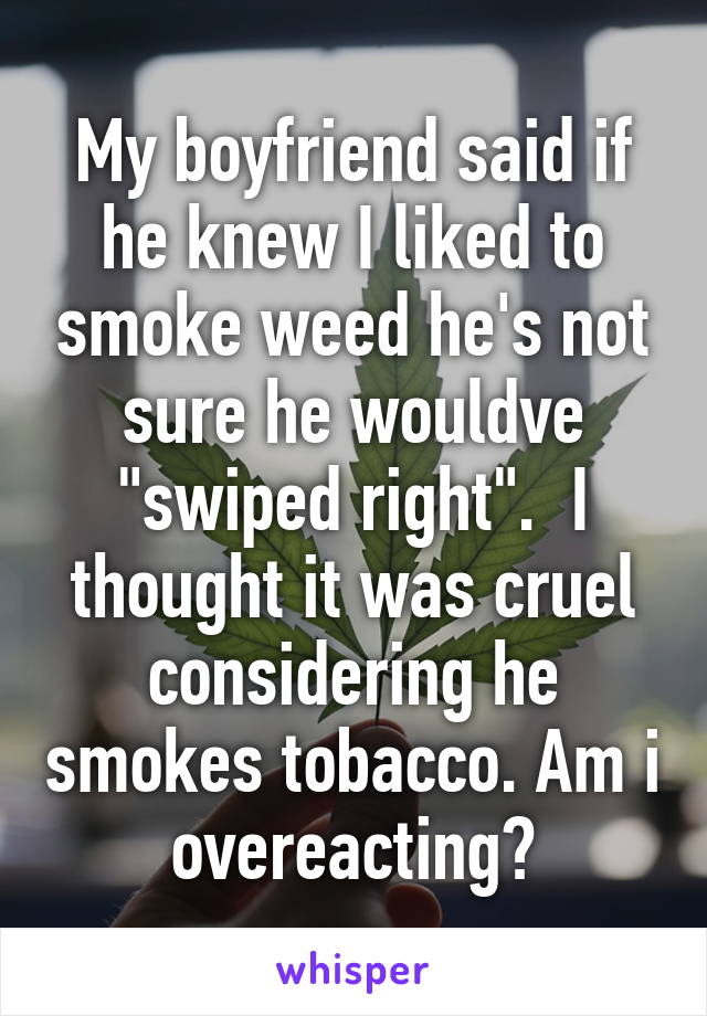 My boyfriend said if he knew I liked to smoke weed he's not sure he wouldve "swiped right".  I thought it was cruel considering he smokes tobacco. Am i overeacting?