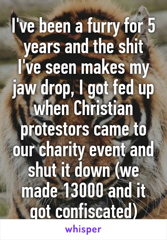 I've been a furry for 5 years and the shit I've seen makes my jaw drop, I got fed up when Christian protestors came to our charity event and shut it down (we made 13000 and it got confiscated)