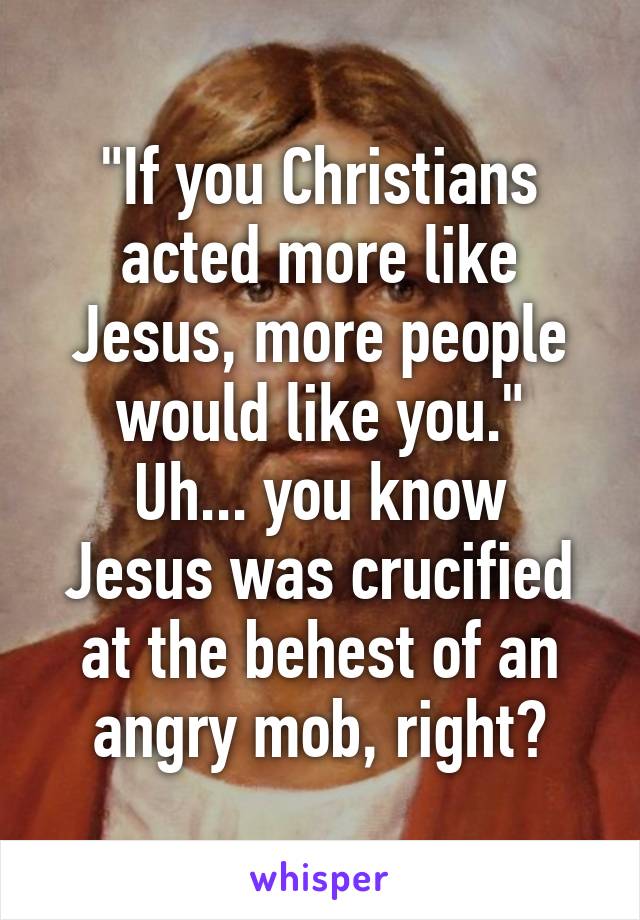 "If you Christians acted more like Jesus, more people would like you."
Uh... you know Jesus was crucified at the behest of an angry mob, right?