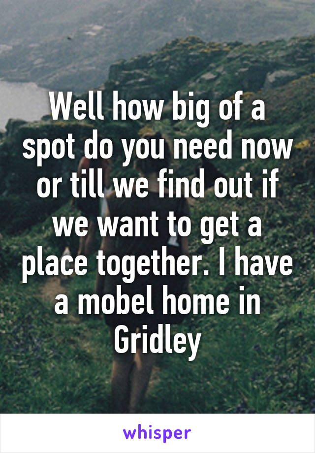 Well how big of a spot do you need now or till we find out if we want to get a place together. I have a mobel home in Gridley