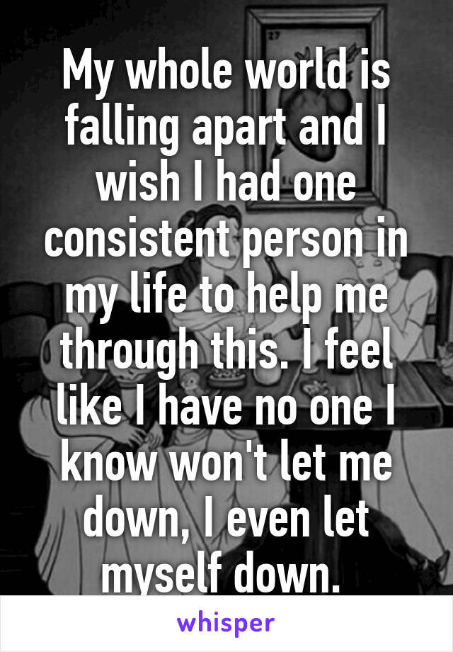 My whole world is falling apart and I wish I had one consistent person in my life to help me through this. I feel like I have no one I know won't let me down, I even let myself down. 
