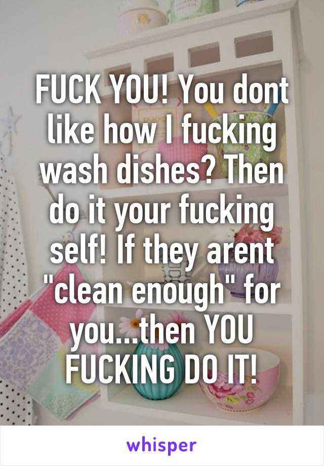 FUCK YOU! You dont like how I fucking wash dishes? Then do it your fucking self! If they arent "clean enough" for you...then YOU FUCKING DO IT!
