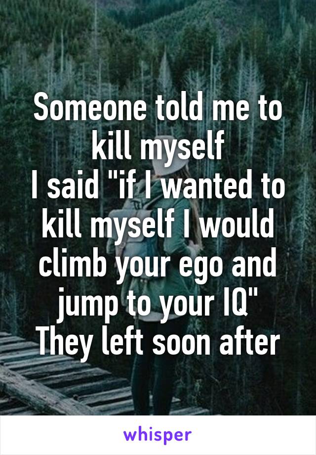 Someone told me to kill myself
I said "if I wanted to kill myself I would climb your ego and jump to your IQ"
They left soon after