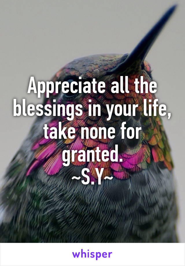 Appreciate all the blessings in your life, take none for granted.
~S.Y~