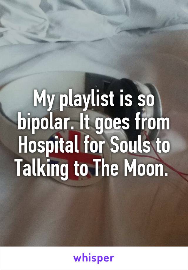 My playlist is so bipolar. It goes from Hospital for Souls to Talking to The Moon. 