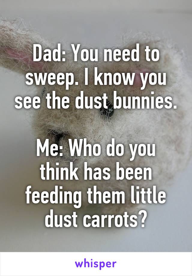 Dad: You need to sweep. I know you see the dust bunnies.

Me: Who do you think has been feeding them little dust carrots?