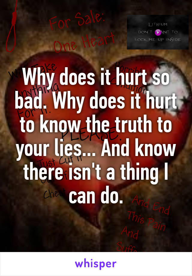 Why does it hurt so bad. Why does it hurt to know the truth to your lies... And know there isn't a thing I can do.