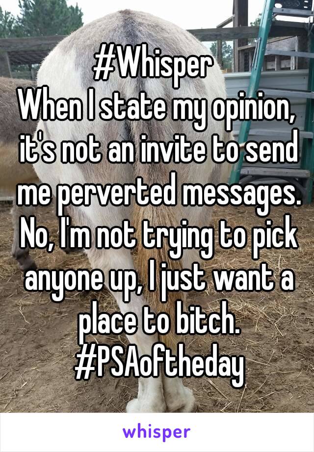 #Whisper 
When I state my opinion, it's not an invite to send me perverted messages. No, I'm not trying to pick anyone up, I just want a place to bitch. #PSAoftheday