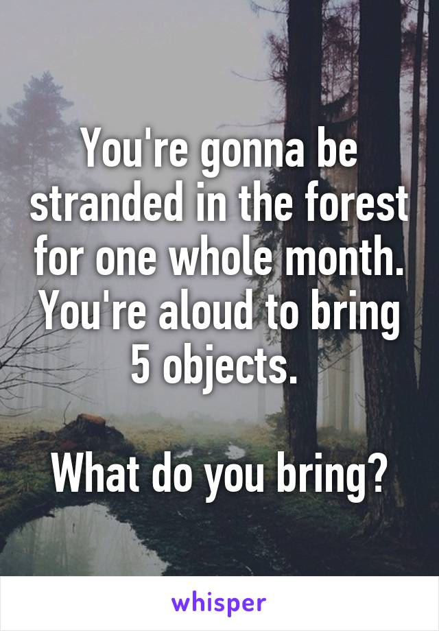 You're gonna be stranded in the forest for one whole month. You're aloud to bring 5 objects. 

What do you bring?