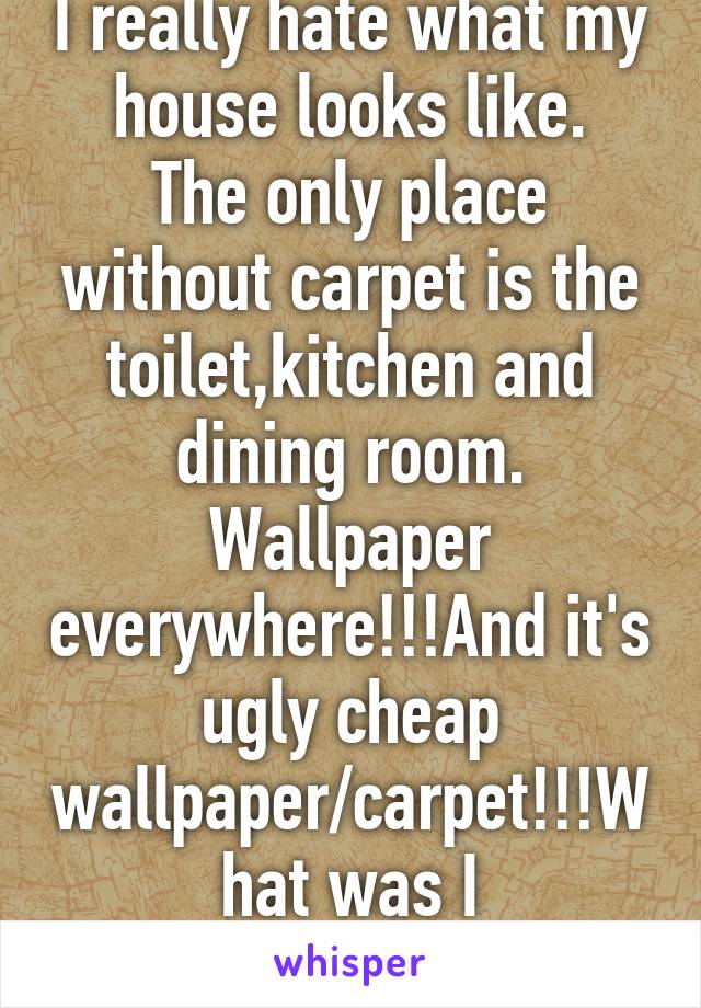 I really hate what my house looks like.
The only place without carpet is the toilet,kitchen and dining room. Wallpaper everywhere!!!And it's ugly cheap wallpaper/carpet!!!What was I thinking????