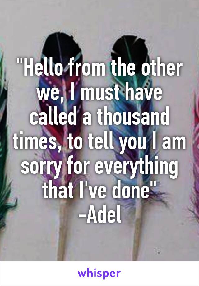 "Hello from the other we, I must have called a thousand times, to tell you I am sorry for everything that I've done"
-Adel