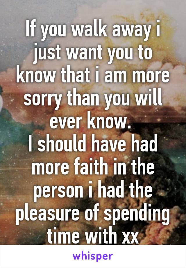 If you walk away i just want you to know that i am more sorry than you will ever know. 
I should have had more faith in the person i had the pleasure of spending time with xx