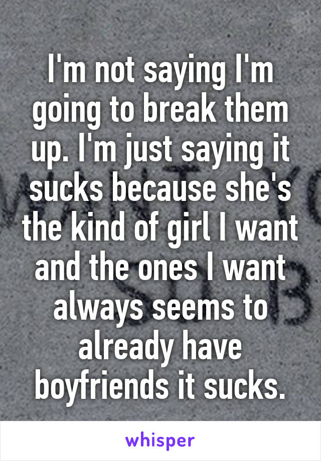 I'm not saying I'm going to break them up. I'm just saying it sucks because she's the kind of girl I want and the ones I want always seems to already have boyfriends it sucks.