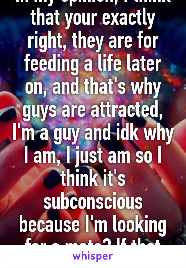 In my opinion, I think that your exactly right, they are for feeding a life later on, and that's why guys are attracted, I'm a guy and idk why I am, I just am so I think it's subconscious because I'm looking for a mate? If that makes sense? Lol
