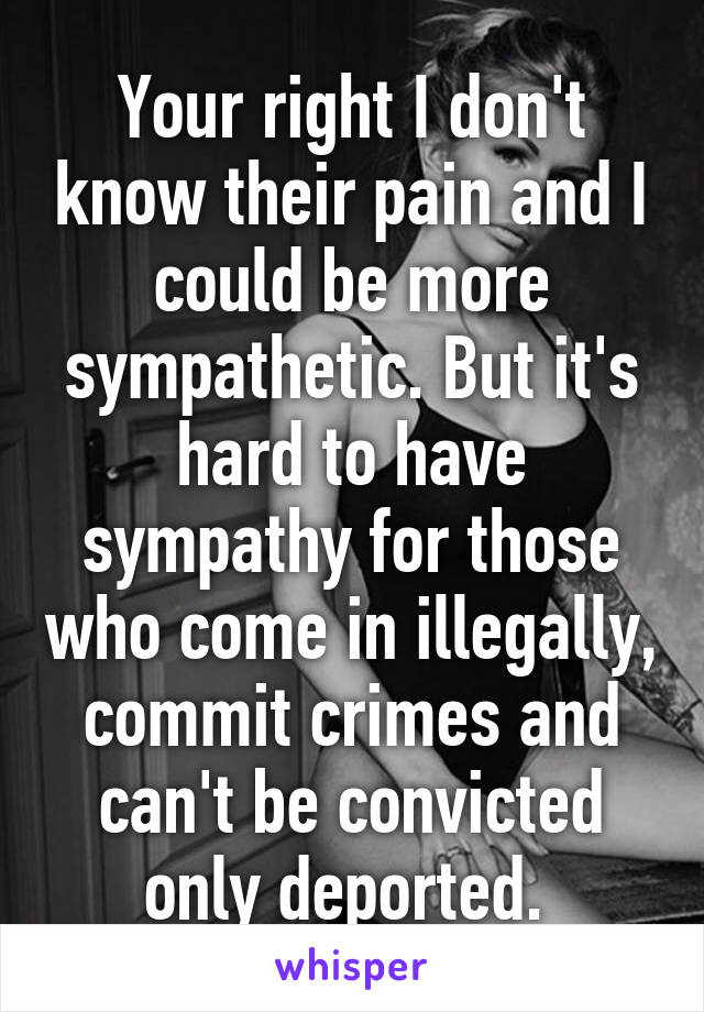 Your right I don't know their pain and I could be more sympathetic. But it's hard to have sympathy for those who come in illegally, commit crimes and can't be convicted only deported. 