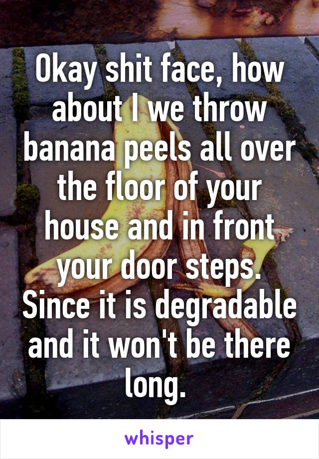 Okay shit face, how about I we throw banana peels all over the floor of your house and in front your door steps. Since it is degradable and it won't be there long. 