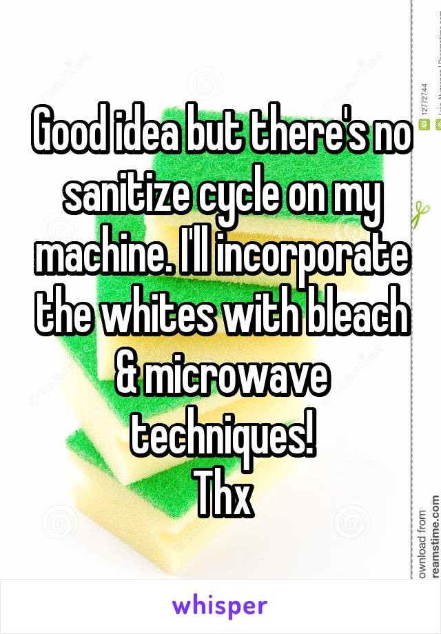 Good idea but there's no sanitize cycle on my machine. I'll incorporate the whites with bleach & microwave techniques!
Thx