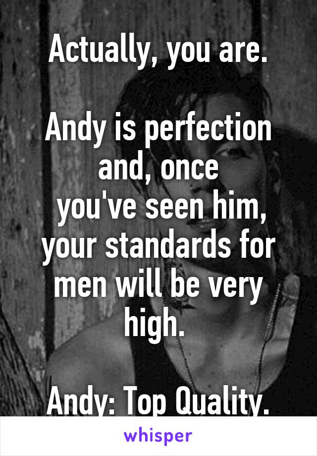 Actually, you are.

Andy is perfection and, once
 you've seen him, your standards for men will be very high. 

Andy: Top Quality.
