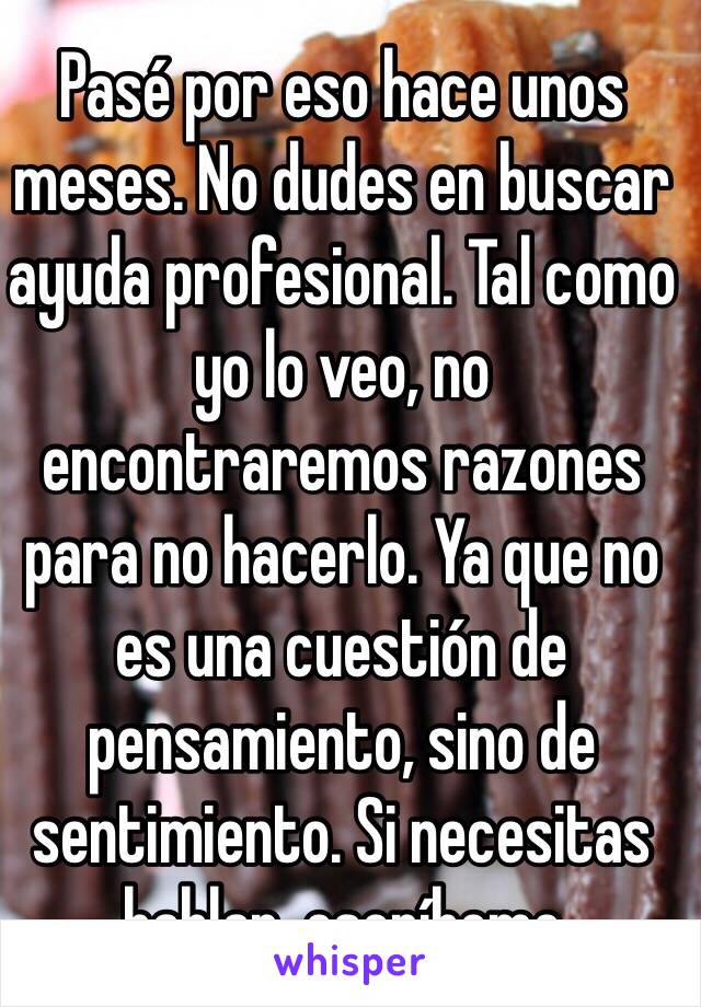 Pasé por eso hace unos meses. No dudes en buscar ayuda profesional. Tal como yo lo veo, no encontraremos razones para no hacerlo. Ya que no es una cuestión de pensamiento, sino de sentimiento. Si necesitas hablar, escríbeme 