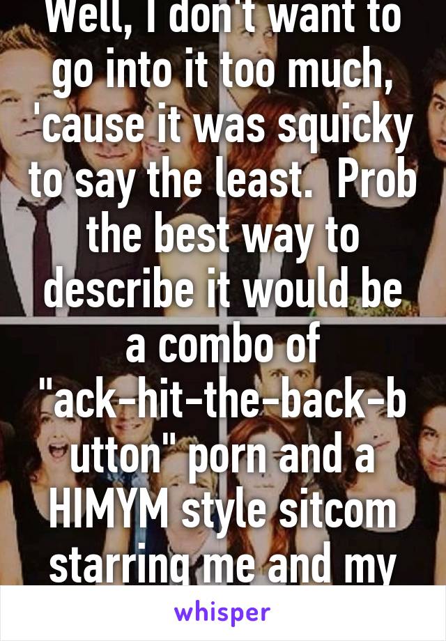 Well, I don't want to go into it too much, 'cause it was squicky to say the least.  Prob the best way to describe it would be a combo of "ack-hit-the-back-button" porn and a HIMYM style sitcom starring me and my friends.