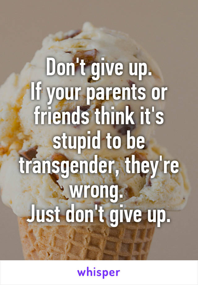 Don't give up.
If your parents or friends think it's stupid to be transgender, they're wrong. 
Just don't give up.