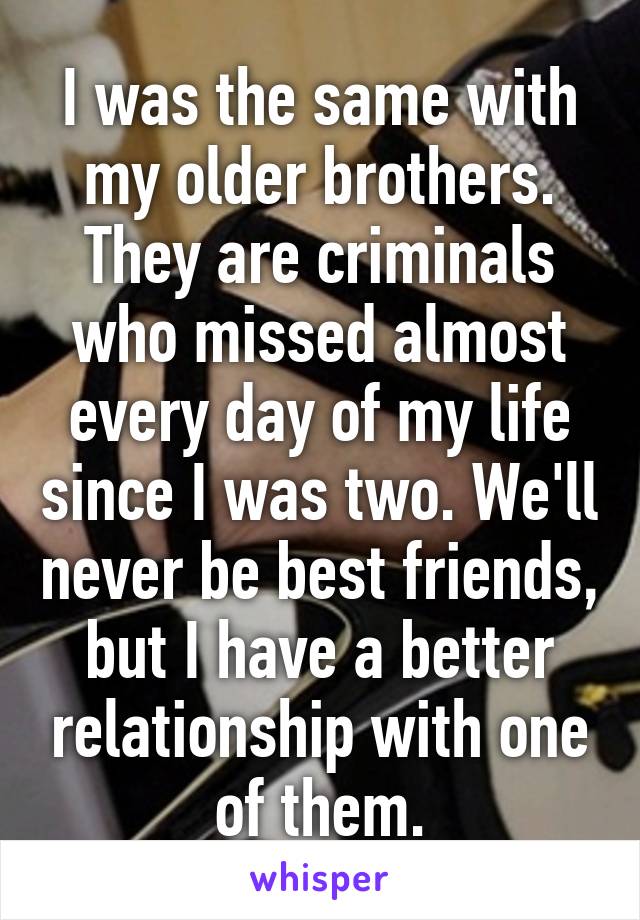 I was the same with my older brothers. They are criminals who missed almost every day of my life since I was two. We'll never be best friends, but I have a better relationship with one of them.