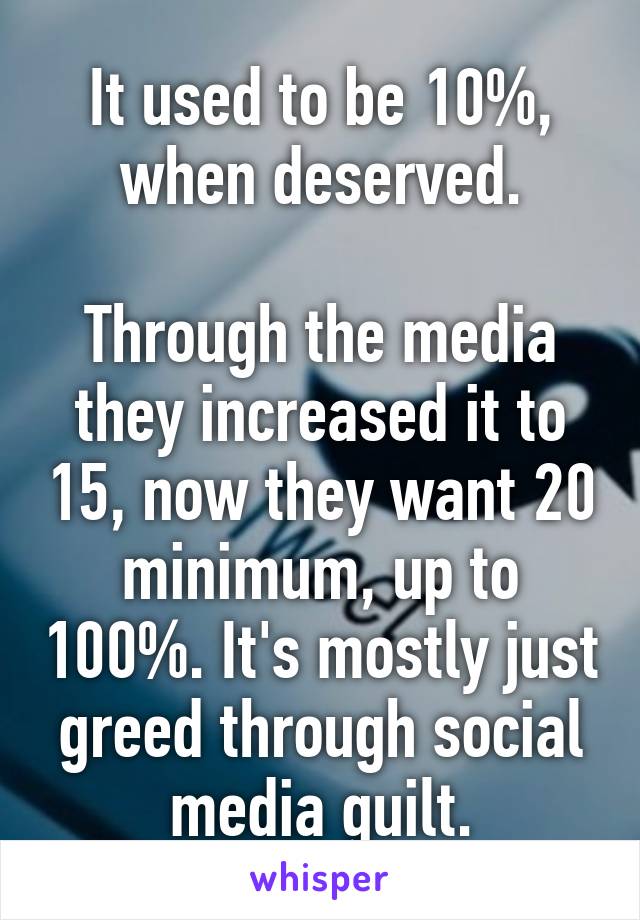It used to be 10%, when deserved.

Through the media they increased it to 15, now they want 20 minimum, up to 100%. It's mostly just greed through social media guilt.