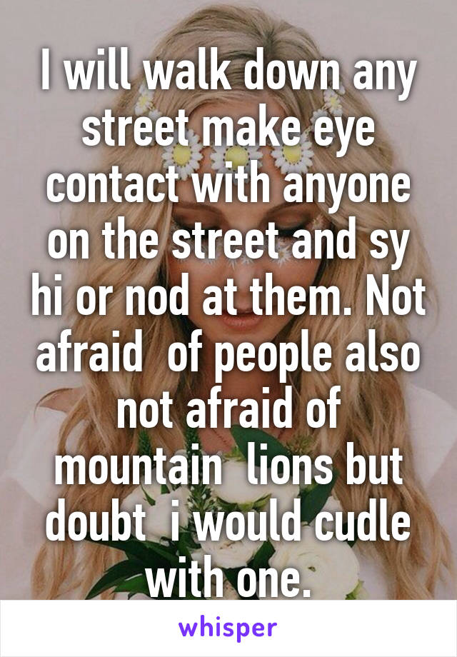 I will walk down any street make eye contact with anyone on the street and sy hi or nod at them. Not afraid  of people also not afraid of mountain  lions but doubt  i would cudle with one.