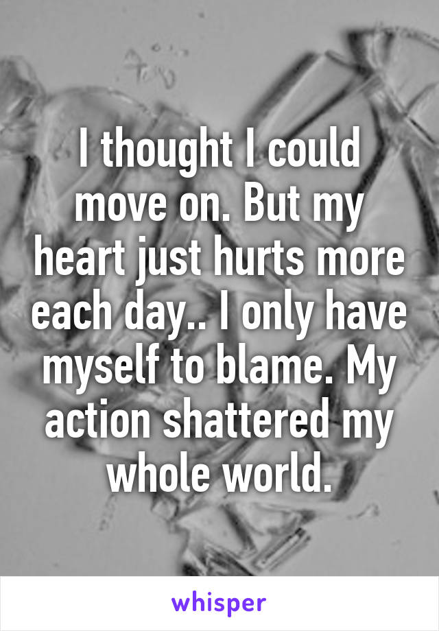 I thought I could move on. But my heart just hurts more each day.. I only have myself to blame. My action shattered my whole world.