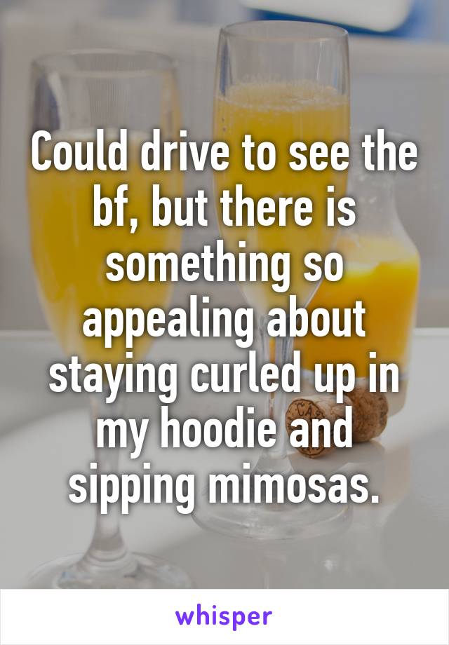 Could drive to see the bf, but there is something so appealing about staying curled up in my hoodie and sipping mimosas.
