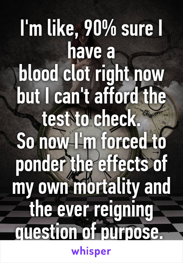 I'm like, 90% sure I have a
blood clot right now but I can't afford the test to check.
So now I'm forced to ponder the effects of my own mortality and the ever reigning question of purpose. 