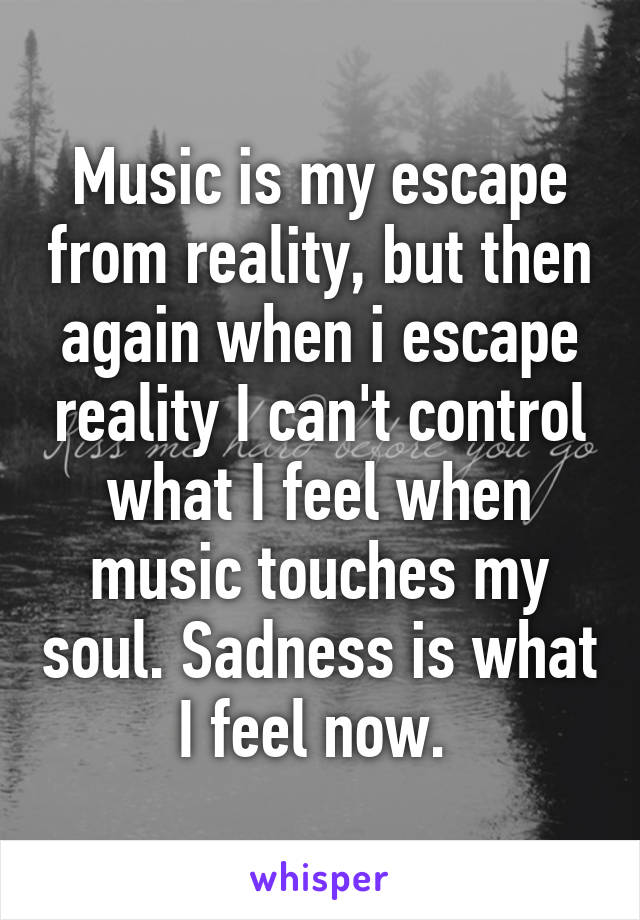 Music is my escape from reality, but then again when i escape reality I can't control what I feel when music touches my soul. Sadness is what I feel now. 