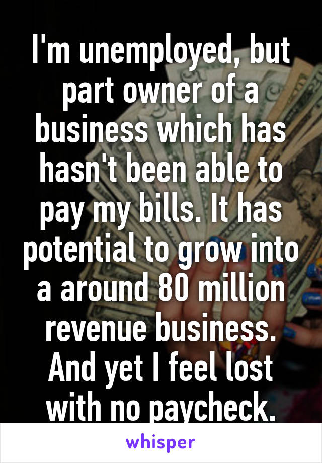 I'm unemployed, but part owner of a business which has hasn't been able to pay my bills. It has potential to grow into a around 80 million revenue business. And yet I feel lost with no paycheck.
