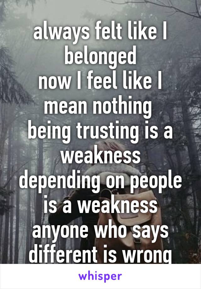always felt like I belonged
now I feel like I mean nothing 
being trusting is a weakness
depending on people is a weakness
anyone who says different is wrong