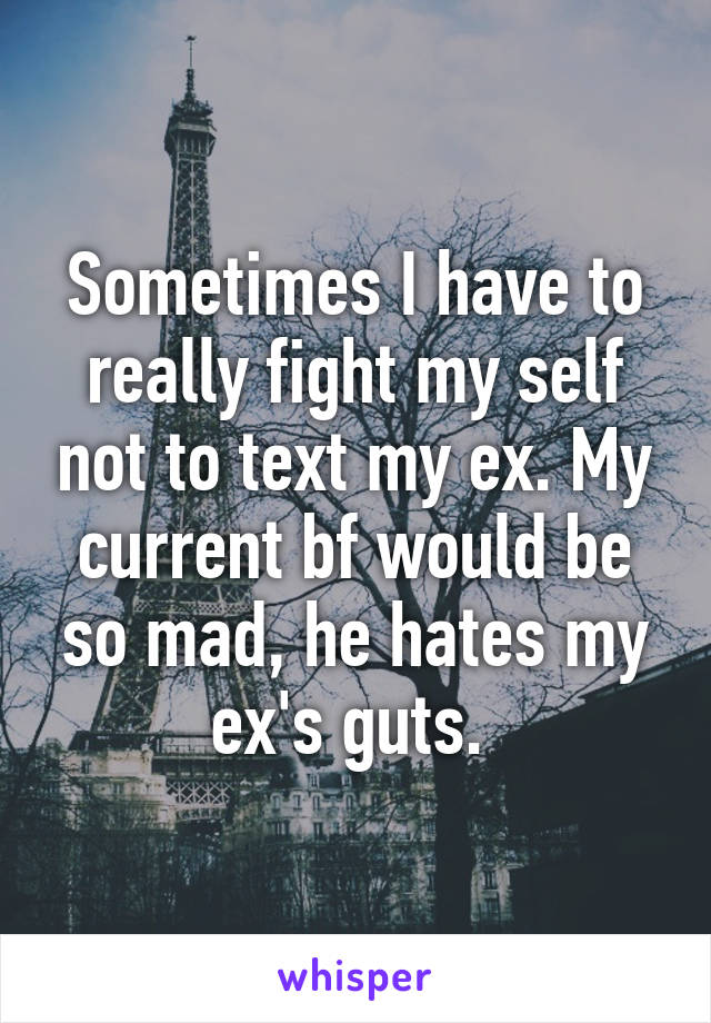 Sometimes I have to really fight my self not to text my ex. My current bf would be so mad, he hates my ex's guts. 