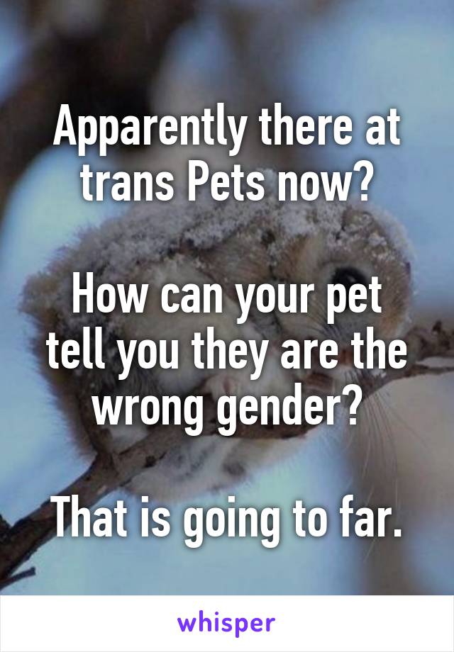 Apparently there at trans Pets now?

How can your pet tell you they are the wrong gender?

That is going to far.