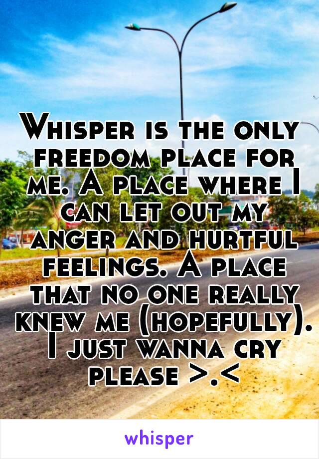 Whisper is the only freedom place for me. A place where I can let out my anger and hurtful feelings. A place that no one really knew me (hopefully). I just wanna cry please >.<