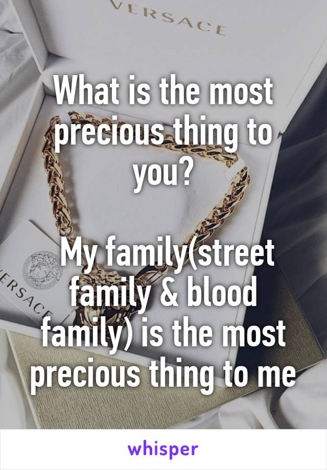 What is the most precious thing to you?

 My family(street family & blood family) is the most precious thing to me