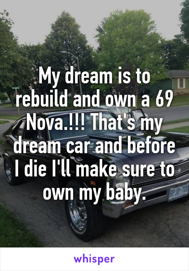 My dream is to rebuild and own a 69 Nova.!!! That's my dream car and before I die I'll make sure to own my baby.