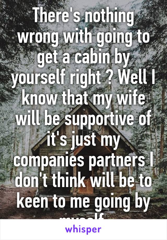 There's nothing wrong with going to get a cabin by yourself right ? Well I know that my wife will be supportive of it's just my companies partners I don't think will be to keen to me going by myself.
