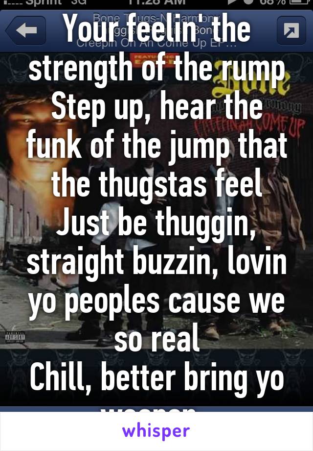 Your feelin' the strength of the rump
Step up, hear the funk of the jump that the thugstas feel
Just be thuggin, straight buzzin, lovin yo peoples cause we so real
Chill, better bring yo weapon, 