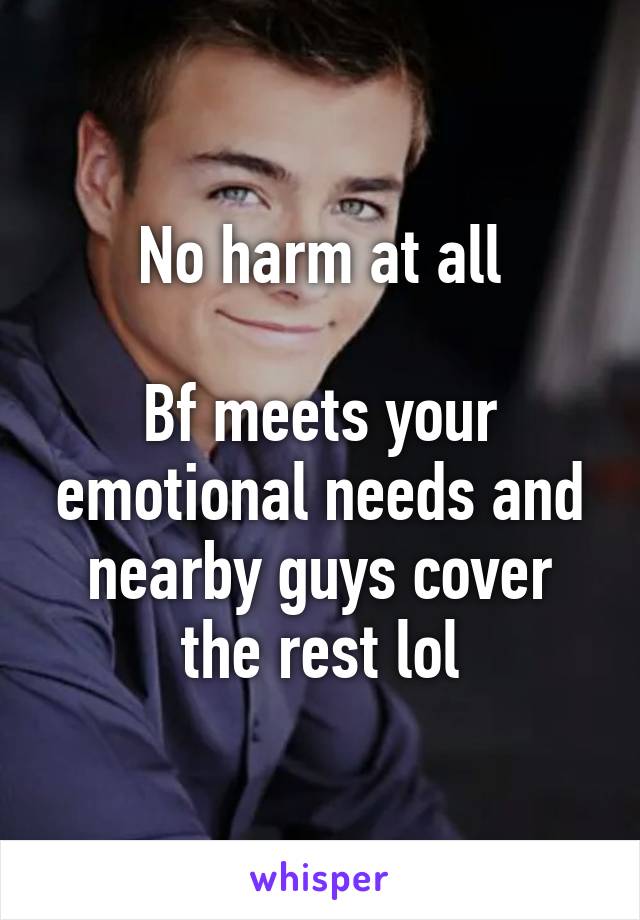 No harm at all

Bf meets your emotional needs and nearby guys cover the rest lol
