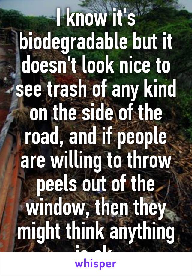 I know it's biodegradable but it doesn't look nice to see trash of any kind on the side of the road, and if people are willing to throw peels out of the window, then they might think anything is ok.