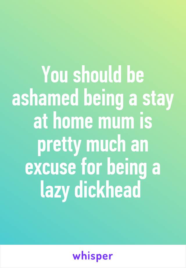 You should be ashamed being a stay at home mum is pretty much an excuse for being a lazy dickhead 